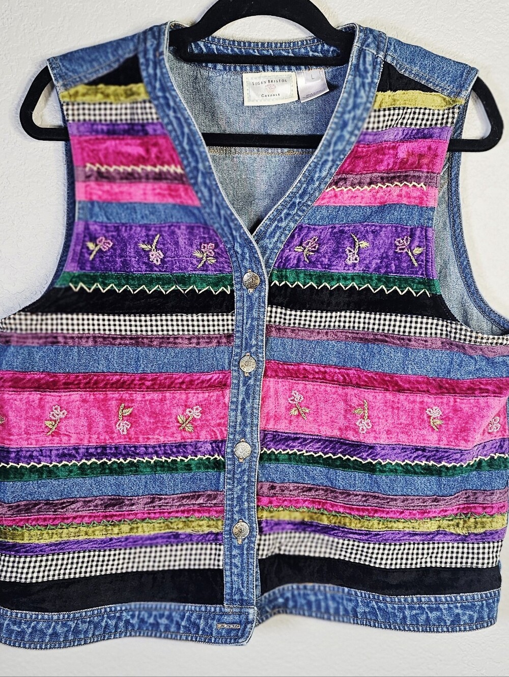 Vintage Susan Bristol Denim Velvet Patchwork Vest Large Cottagecore